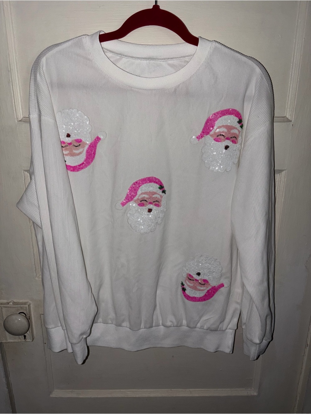 White Long Sleeve Sweatshirt with Pink Santa Appliqués